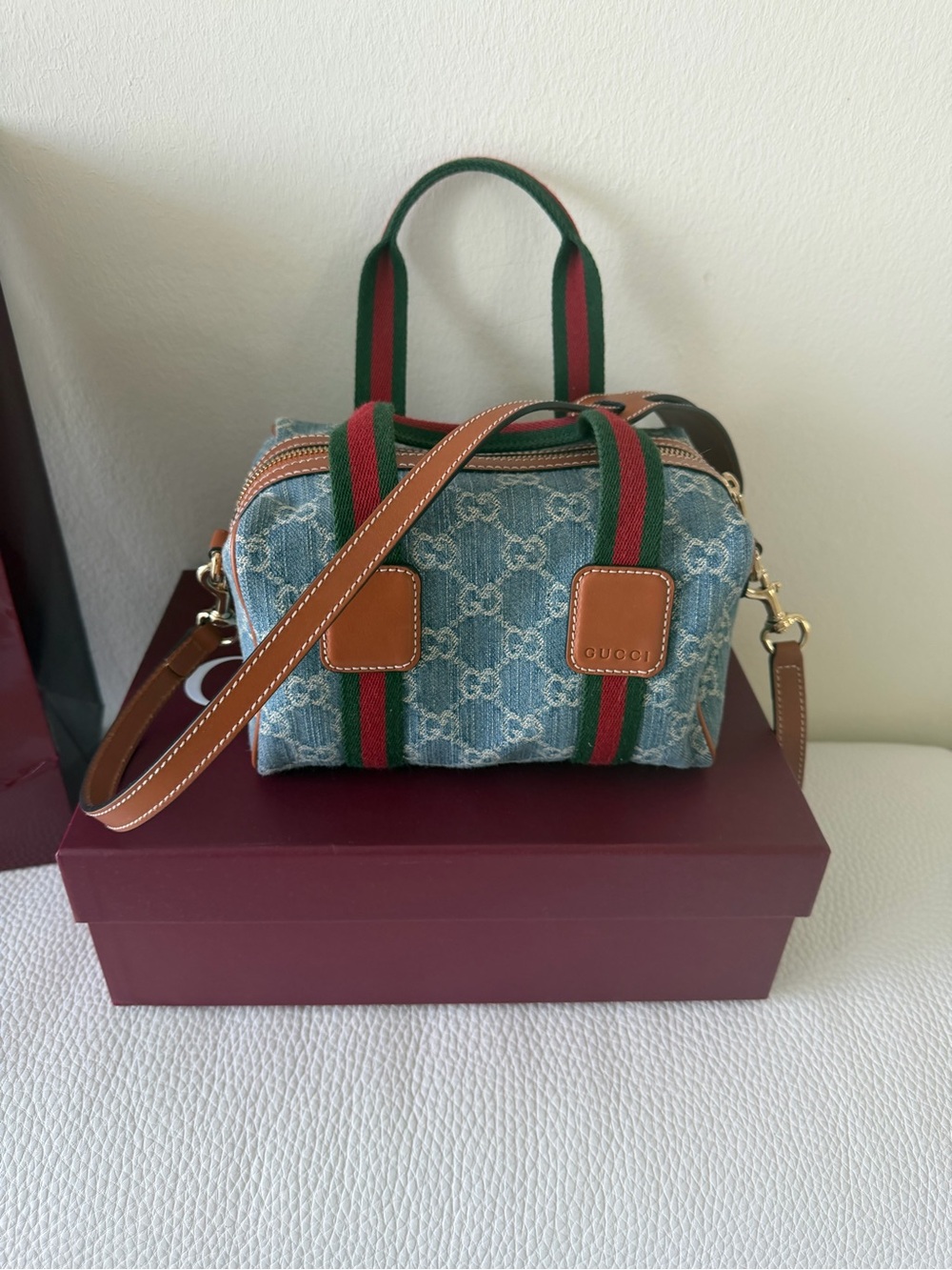 Gucci GG Denim Mini Boston Bag Light Blue Web Stripe Crossbody WOW